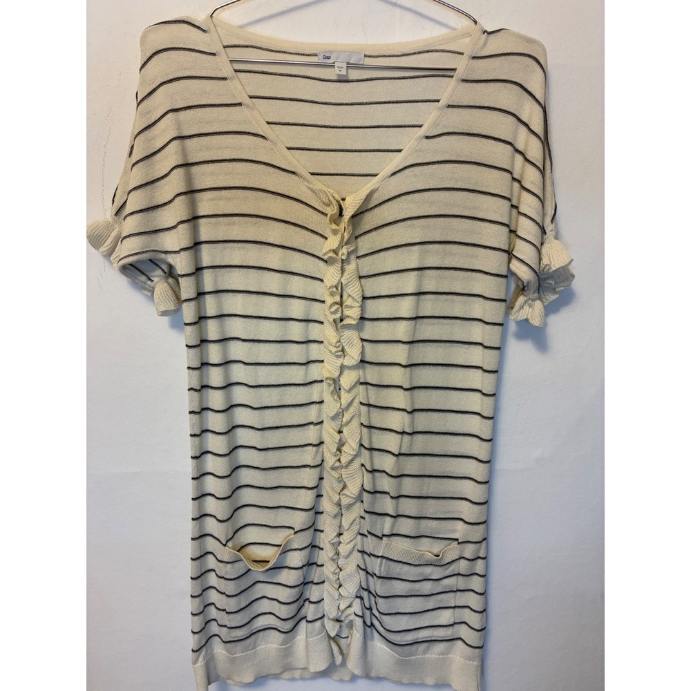 Gap Chic Cream Navy Blue Striped Ruffle Front Short Sleeve Longish Cardigan M